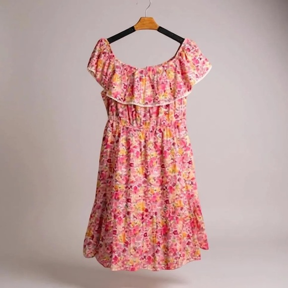 Terra & Sky Off-Shoulder Floral Ruffle Dress 3X | Pink Yellow Multicolor - Picture 1 of 7